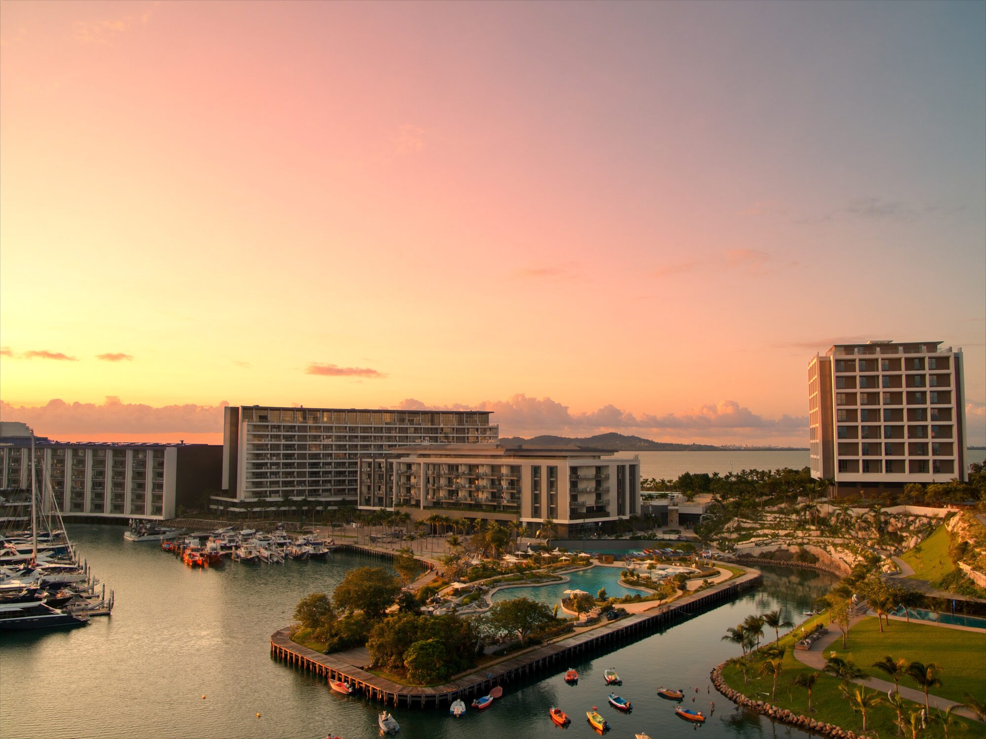 Cullen Bay marina and the Darwin Waterfront at dusk