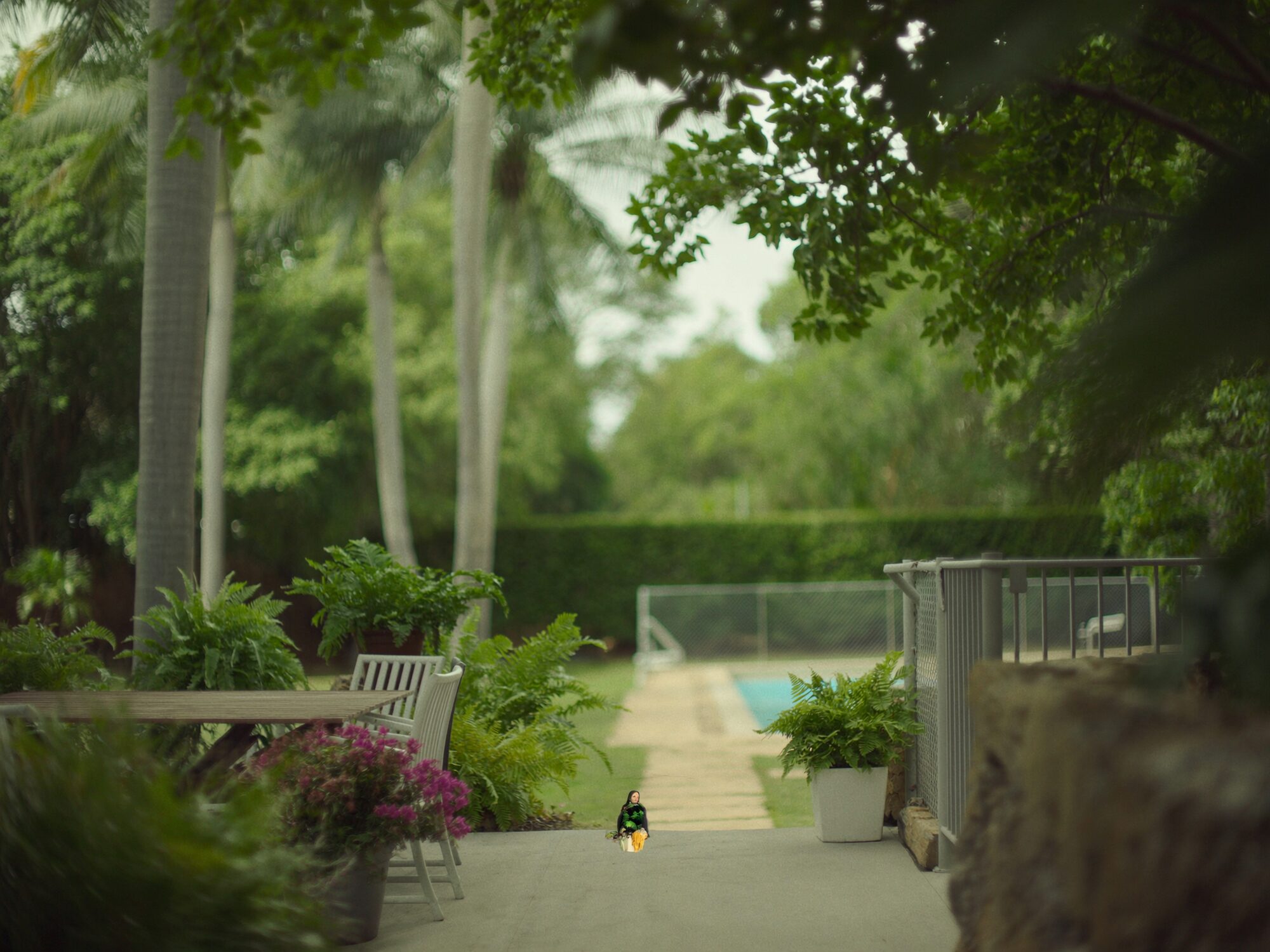 Stuart Park townhouse courtyard beside a palm-framed shared pool